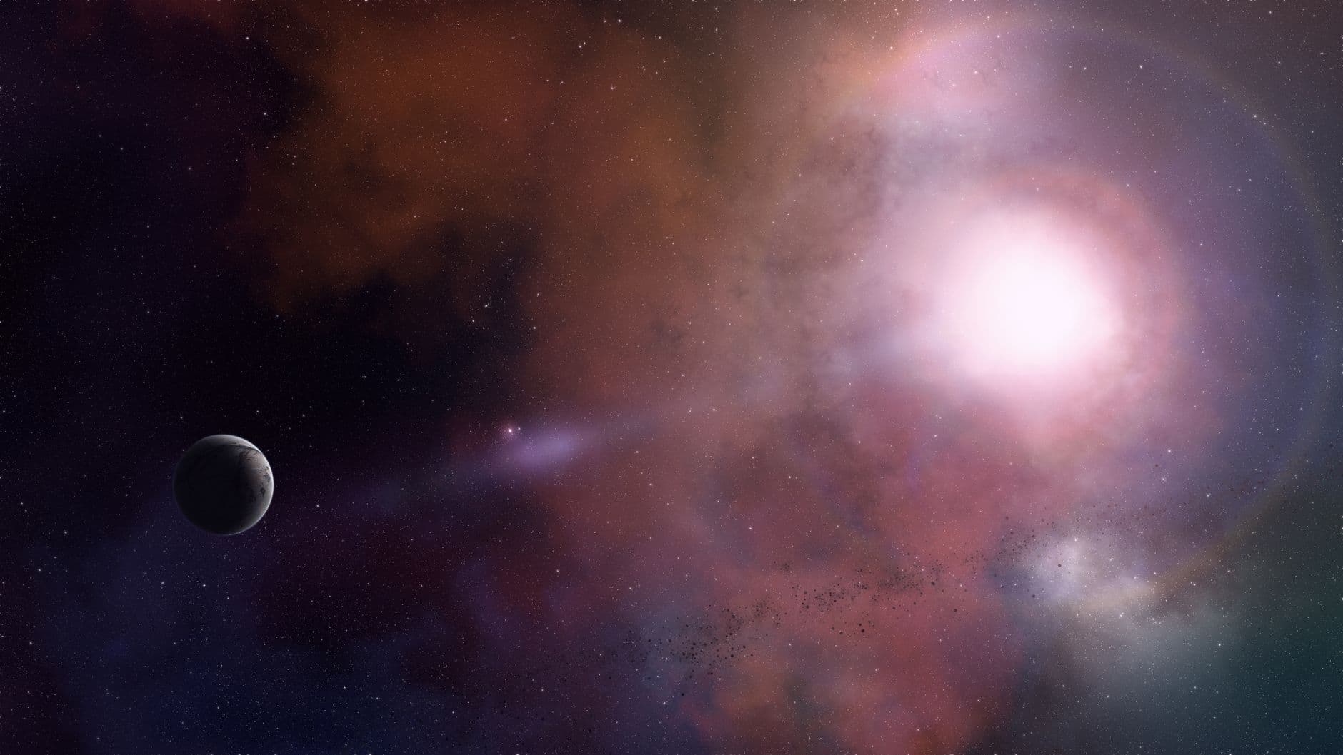 A mesmerizing view of the cosmos featuring a glowing nebula and distant planet.