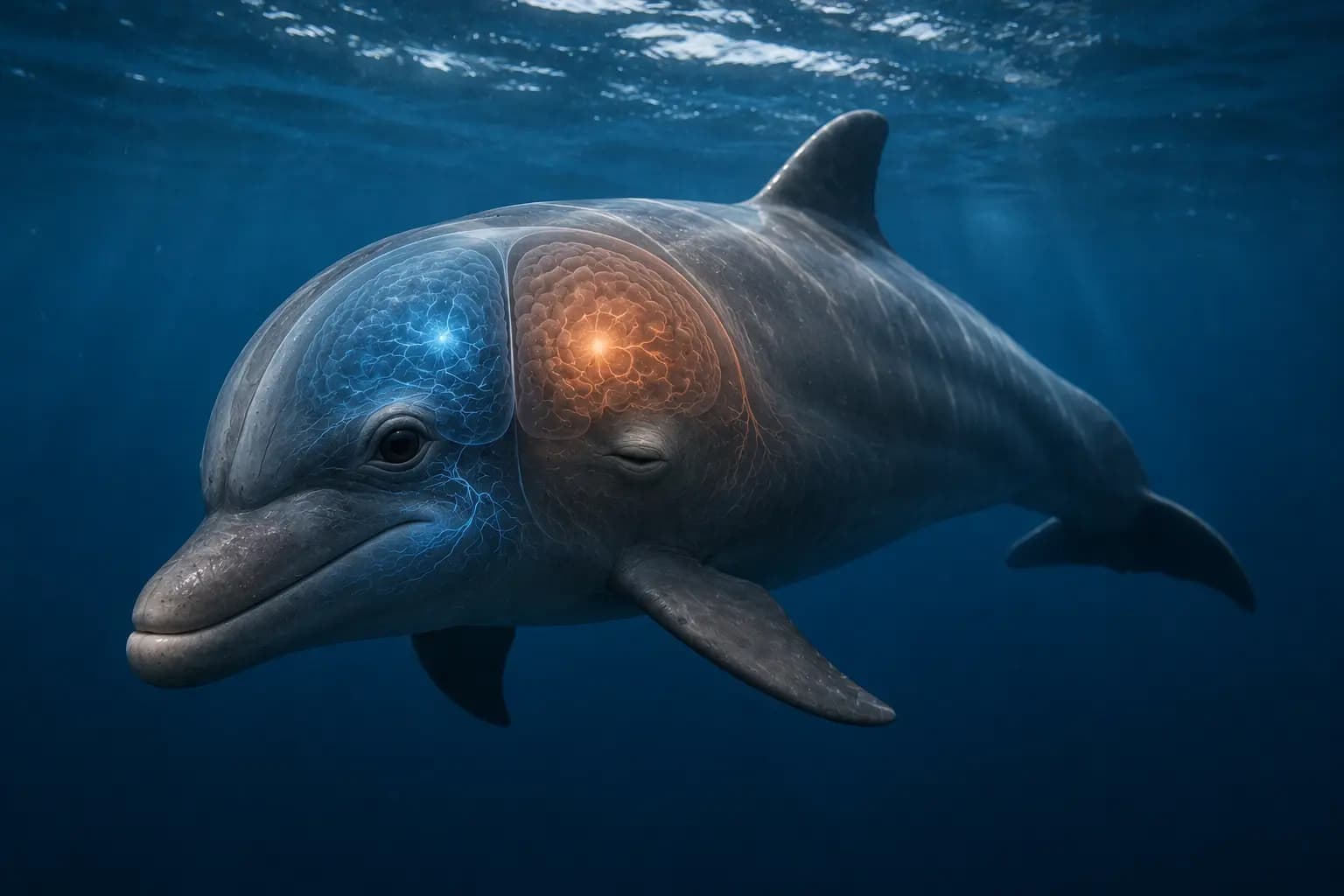 Three bottlenose dolphins floating motionless side-by-side at the water's surface while engaging in a collective logging sleep cycle