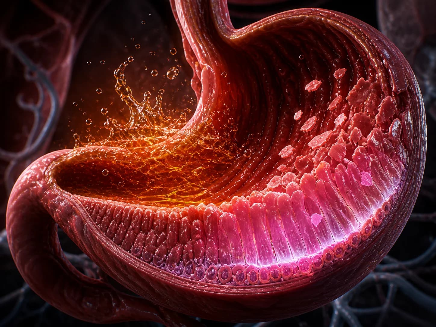 Educational graphic illustrating factors like NSAIDs and stress that compromise the automatic regeneration of human stomach cells.