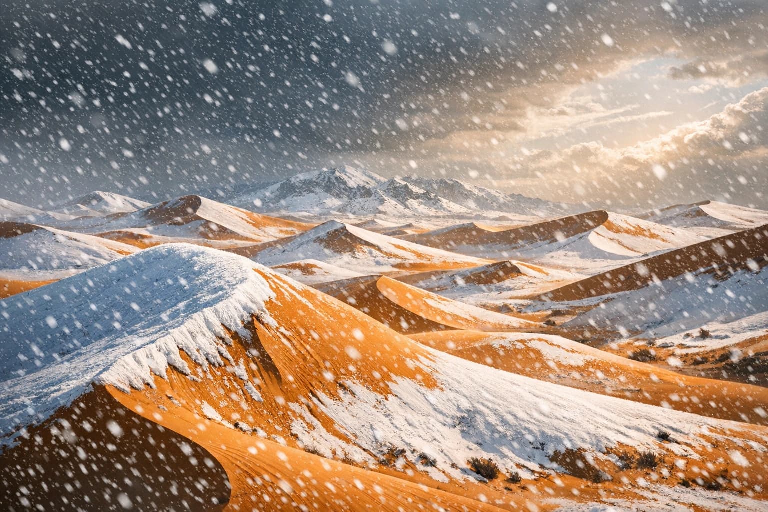 Orange sand dunes partially covered in white snow in the Sahara Desert during a rare winter freeze.