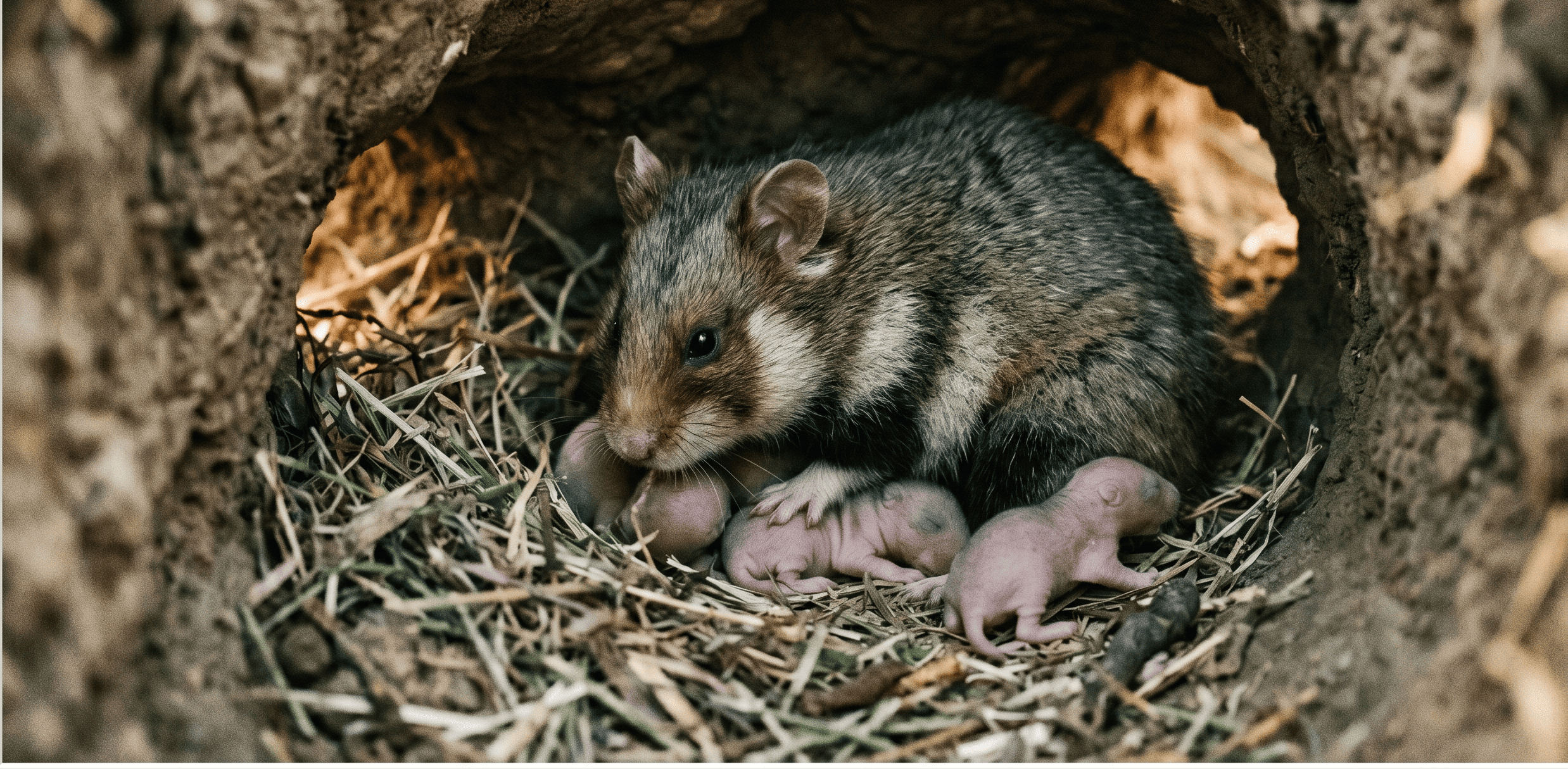 A female Syrian hamster resting inside a hidden burrow lined with soft wood shavings and paper bedding.