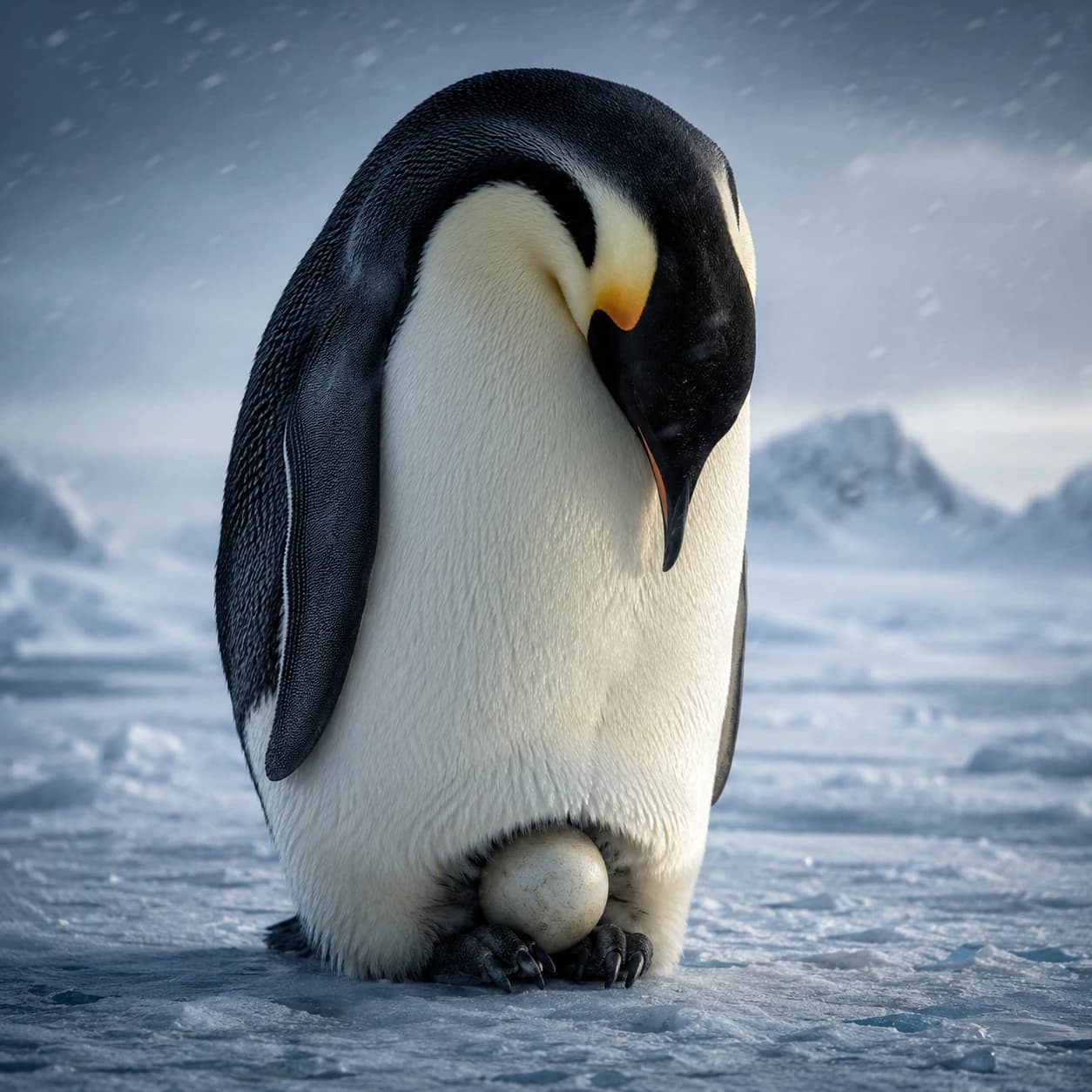 High-detail view of male and female emperor penguins aligning their webbed feet to safely slide a large egg into a warm brood pouch.