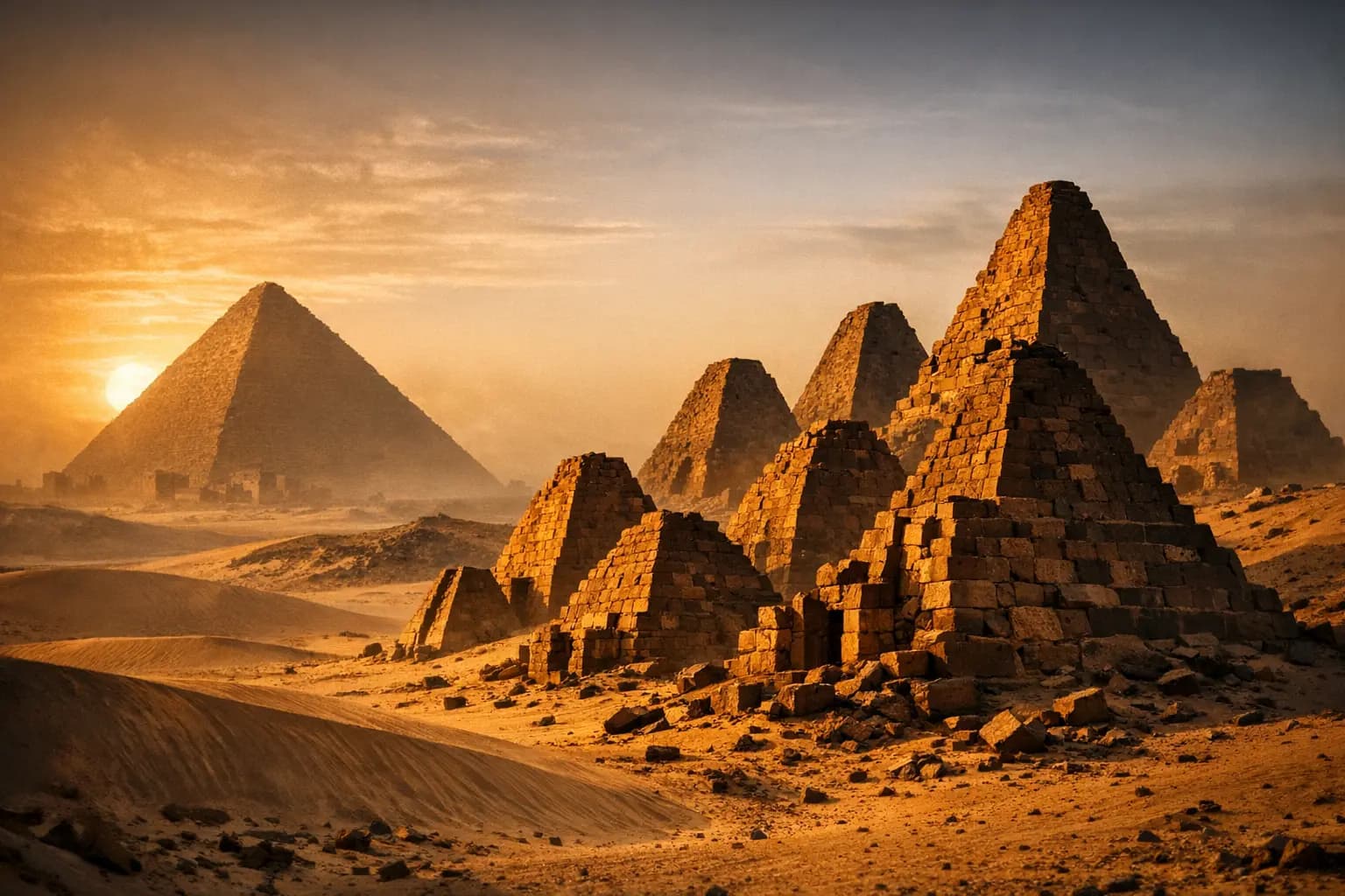 Steep-angled ancient Sudan pyramids of Meroe in the Sahara desert under a blue sky.